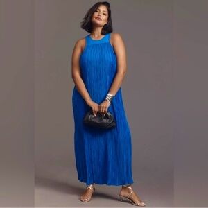 NWT Anthropologie Plus royal blue pleated halter plisse maxi dress long midi 3X